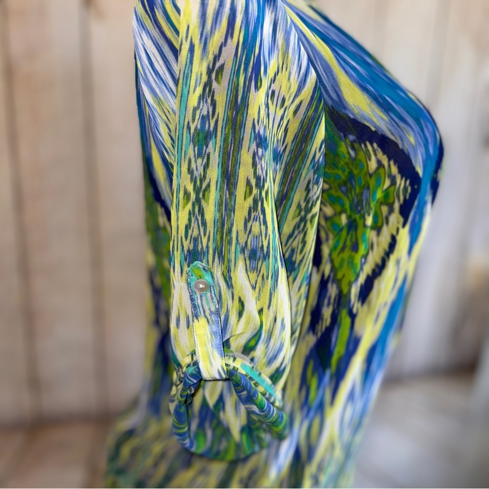 CHICO'S Sheer Tunic Top, Blue & Green Patterned, Button Up Or Cardigan Sz 1 Or M - Picture 4 of 11